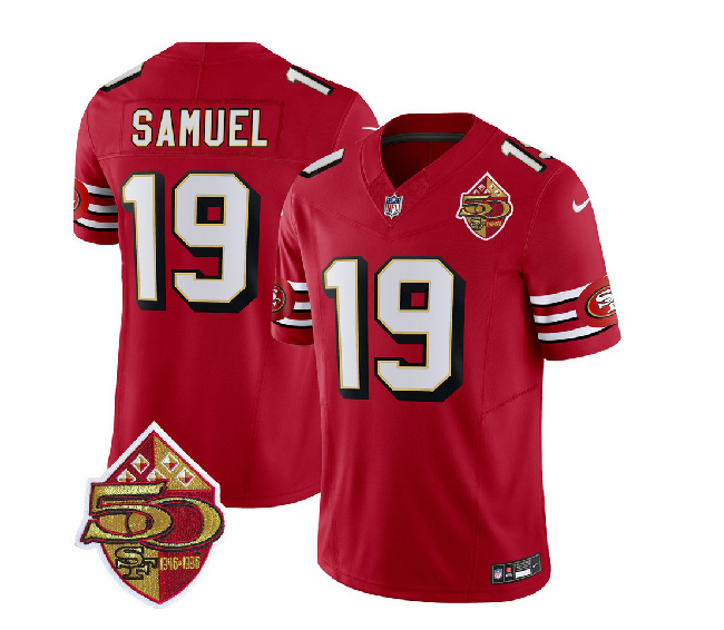 Men's San Francisco 49ers #19 Deebo Samuel Red 2023 F.U.S.E. 50th Patch Throwback Football Stitched Jersey